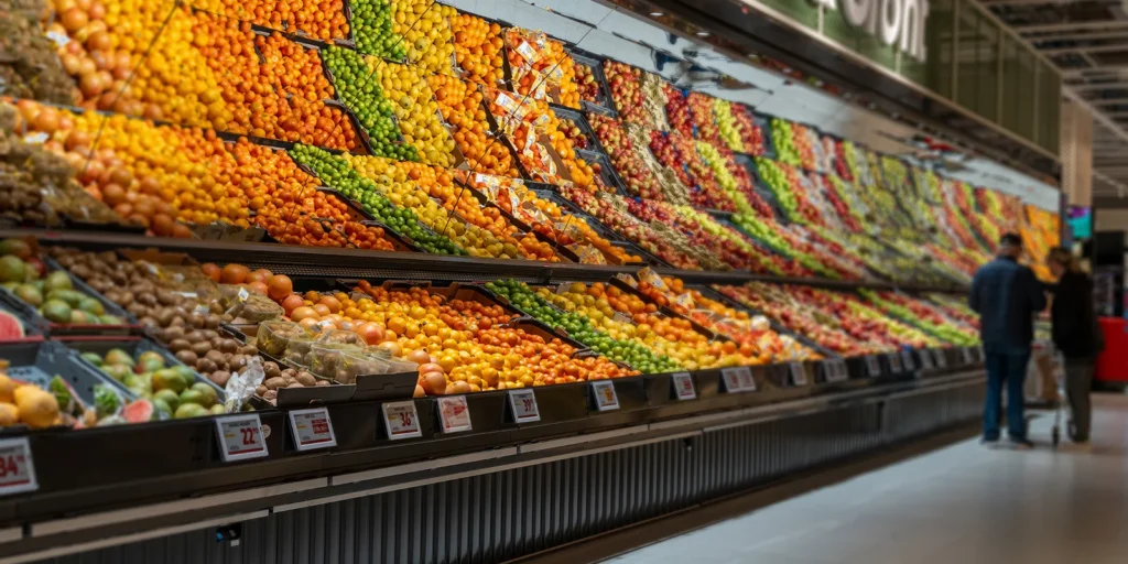 Fresh fruits displayed in supermarket produce aisle with colorful oranges, apples, and citrus